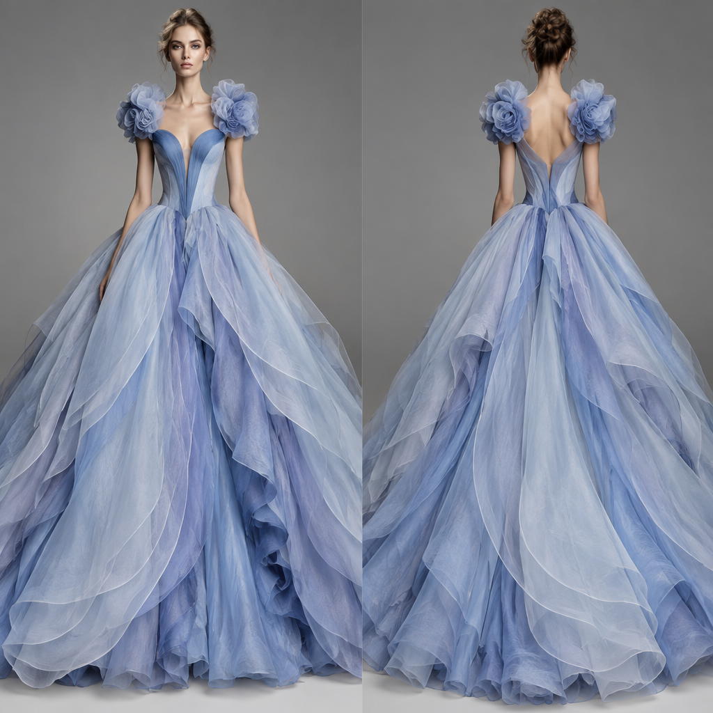 A dramatic haute couture floor-length evening gown in icy blue and soft powder blue. The dress has a structured, fitted bodice with a deep, elongated sweetheart/V-shaped blue center panel that extends down toward the waist. The shoulders are decorated with large, sculptural fabric rosettes or gathered floral details on both sides. From the fitted waist, the gown expands into an enormous, sweeping ball-gown skirt made from multiple translucent layers of pale blue and lavender-blue fabric. The skirt has several overlapping, curved panels that create a flowing, almost watercolor-like effect, with lighter sheer outer layers revealing deeper blue layers underneath. The hem is extremely full and slightly uneven/softly scalloped, creating movement and volume. The overall silhouette is romantic, theatrical, exaggerated, and distinctly haute couture, like an early-2000s John Galliano runway gown. Preserve the original silhouette and construction of the sketch rather than redesigning the garment.
photorealistic fashion design, A dramatic haute couture floor-length evening gown in icy blue and soft powder blue. The dress has a structured, fitted bodice with a deep, elongated sweetheart/V-shaped blue center panel that extends down toward the waist. The shoulders are decorated with large, sculptural fabric rosettes or gathered floral details on both sides. From the fitted waist, the gown expands into an enormous, sweeping ball-gown skirt made from multiple translucent layers of pale blue and lavender-blue fabric. The skirt has several overlapping, curved panels that create a flowing, almost watercolor-like effect, with lighter sheer outer layers revealing deeper blue layers underneath. The hem is extremely full and slightly uneven/softly scalloped, creating movement and volume. The overall silhouette is romantic, theatrical, exaggerated, and distinctly haute couture, like an early-2000s John Galliano runway gown. Preserve the original silhouette and construction of the sketch rather than redesigning the garment.
, winter style, just the design no text, show front and back