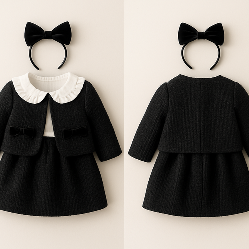 1歳の女の子のベビー服
黒ツイードのジャケットとスカート部分が黒ツイードのワンピースのセットアップ
ワンピースの上半身部分は白で丸襟でフリフリ
ジャケットの両ポケットの位置にベロア素材のリボン
頭にはジャケットについてるリボンと同じもののカチューシャ