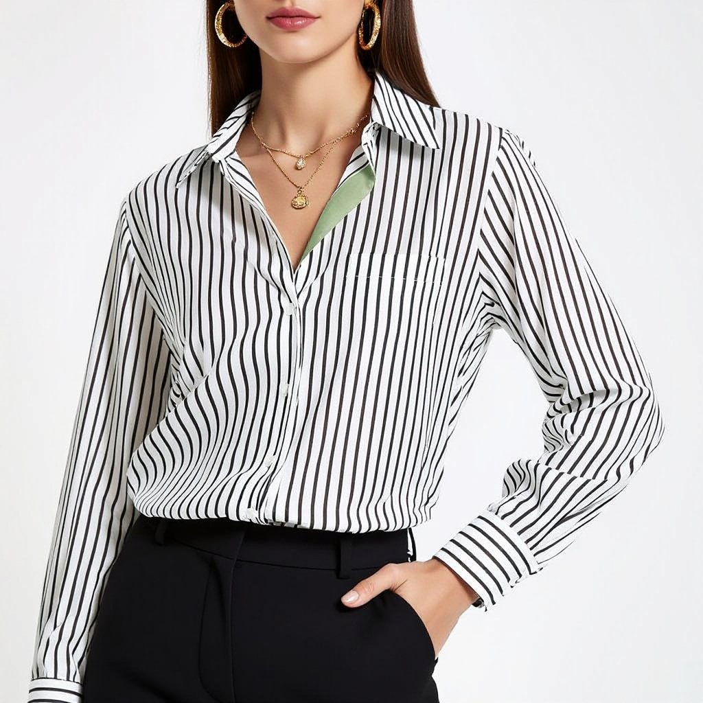 Create a Masaba type of shirt with black and white vertical stripes and add a drape which is seamlessly draping on one side in sage color and over the drape there are some gold charms
Elegant fashion: Elegant shirt, black and white vertical stripes. Seamless sage drape on one side, with delicate gold charms.