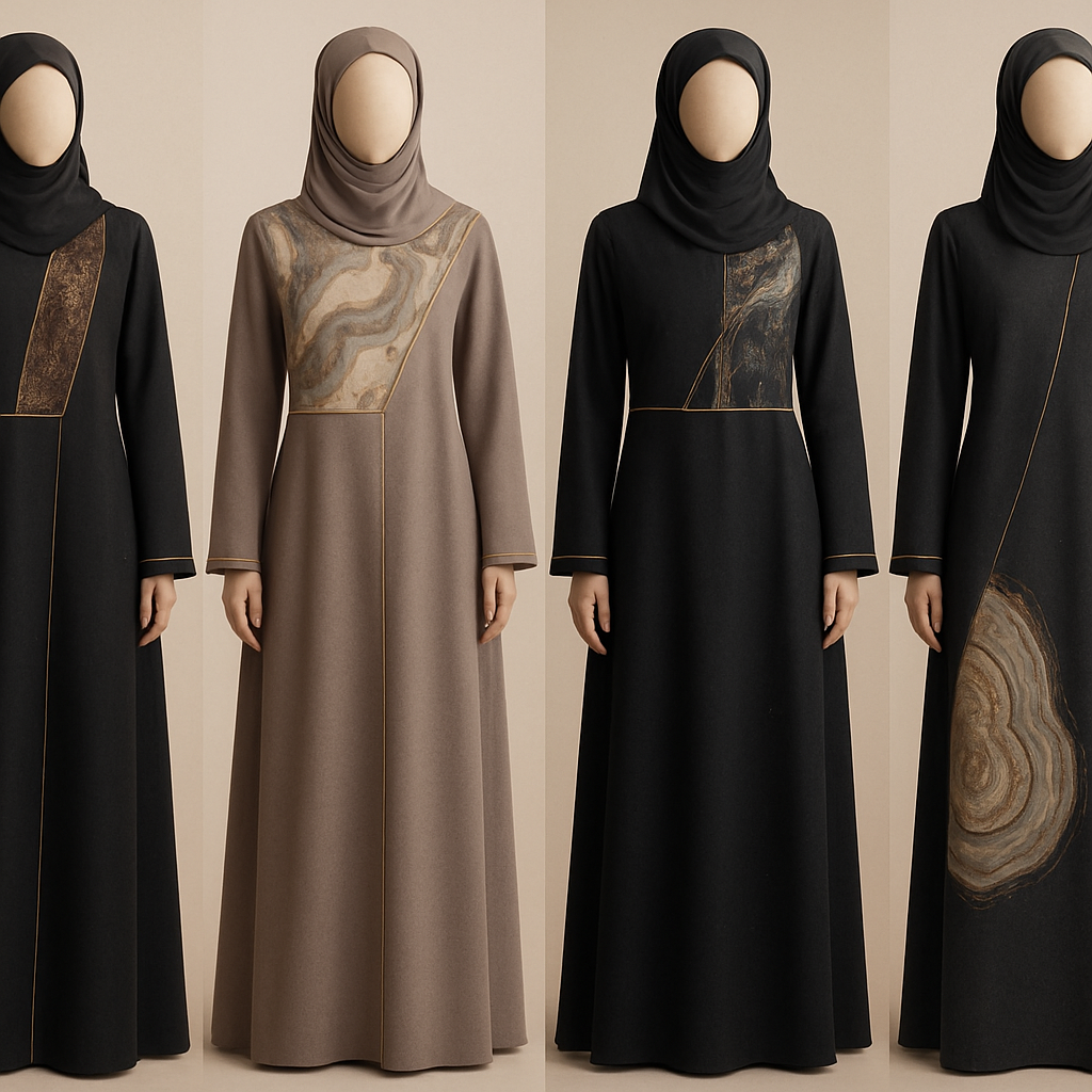 Create a modest two piece abaya, first of its kind, featuring a unique stone design that exudes a classy and sophisticated vibe. I'd like four designs, each showcasing different styles and fabrics. Incorporate high-end, unique chic stone designs to make them truly special. Add little sophisticated stone designs. Make it irresistible!
Create a modest two piece abaya, first of its kind, featuring a unique stone design that exudes a classy and sophisticated vibe. I'd like four designs, each showcasing different styles and fabrics. Incorporate high-end, unique chic stone designs to make them truly special. Add little sophisticated stone designs. Make it irresistible!