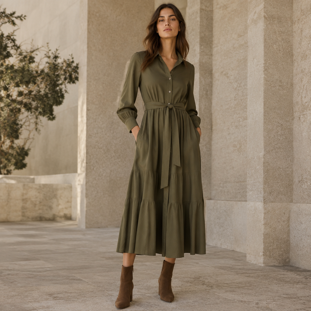 A Dress design, suitable for Fall. Consider Israeli fashion — Mediterranean casual, startup chic, modest fashion innovation, desert-practical. Current season is Autumn in Israel. Present it as professional fashion catalogue photography: the garment is the subject, shown full-length with editorial styling, neutral posing and tasteful, non-suggestive framing.
photorealistic fashion design, A Dress design, suitable for Fall. Consider Israeli fashion — Mediterranean casual, startup chic, modest fashion innovation, desert-practical. Current season is Autumn in Israel. Present it as professional fashion catalogue photography: the garment is the subject, shown full-length with editorial styling, neutral posing and tasteful, non-suggestive framing., just the design no text