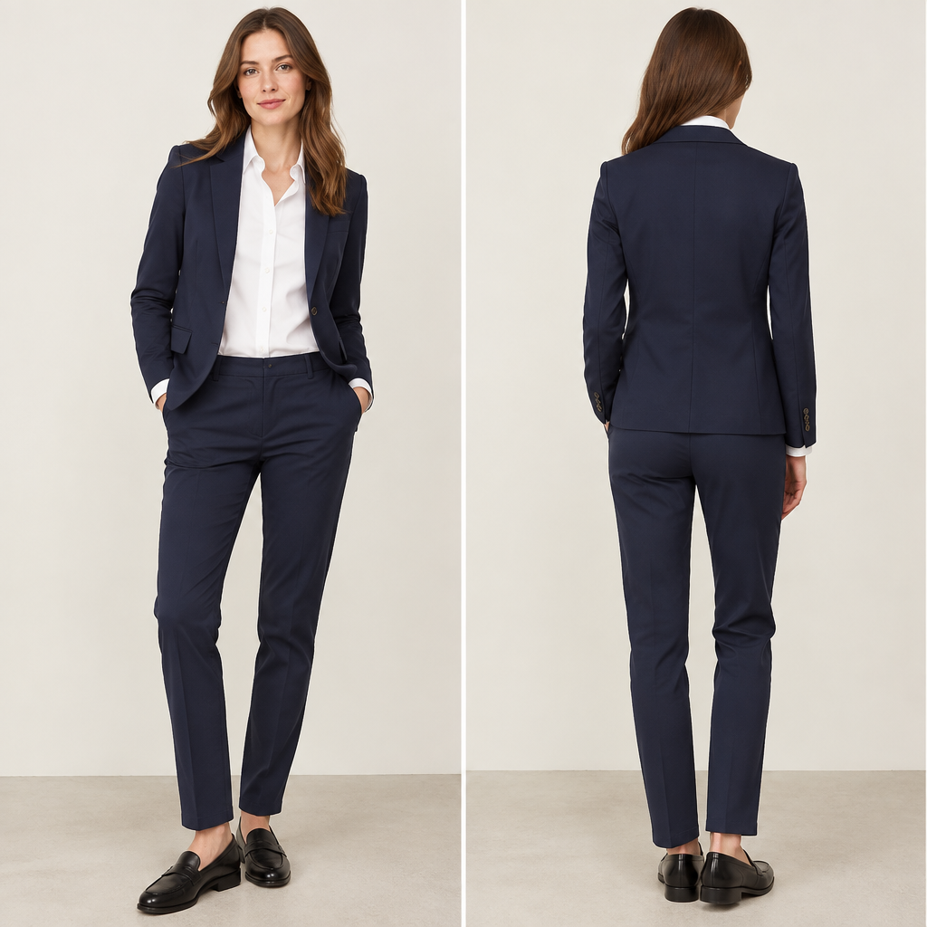 A British woman with brown hair wears a white Oxford shirt with a navy blue blazer and navy blue chinos and black loafers
photorealistic fashion design, A British woman with brown hair wears a white Oxford shirt with a navy blue blazer and navy blue chinos and black loafers , british style, just the design no text, show front and back