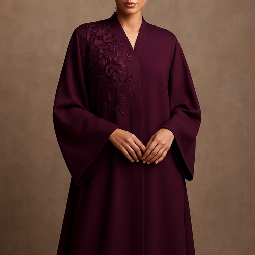 The Half-Bloom Couture Abaya
Tone: Wine / Plum Design: One side of the chest beautifully covered with half-blooming flowers and micro stones. 