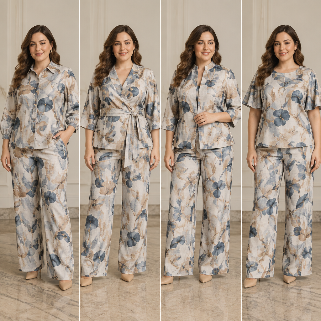 A Female fashion design. Use this uploaded fabric image as the exact fabric reference. Generate multiple women’s coordinated two-piece outfits, each including a blouse/shirt and trousers, for size 48 and height 163 cm. Keep the original fabric print, color, and texture precisely unchanged. The outfits must be elegant, harmonious, tailor-ready/sewable, and appropriate for formal and semi-formal wear. Include multiple variations in neckline/collar, sleeve style, and cut/paneling. Present the garments realistically on a female model in a full-body view. Do not alter the fabric.. IR fashion aesthetics. Present it as professional fashion catalogue photography: the garment is the subject, shown full-length with editorial styling, neutral posing and tasteful, non-suggestive framing.
photorealistic fashion design, A Female fashion design. Use this uploaded fabric image as the exact fabric reference. Generate multiple women’s coordinated two-piece outfits, each including a blouse/shirt and trousers, for size 48 and height 163 cm. Keep the original fabric print, color, and texture precisely unchanged. The outfits must be elegant, harmonious, tailor-ready/sewable, and appropriate for formal and semi-formal wear. Include multiple variations in neckline/collar, sleeve style, and cut/paneling. Present the garments realistically on a female model in a full-body view. Do not alter the fabric.. IR fashion aesthetics. Present it as professional fashion catalogue photography: the garment is the subject, shown full-length with editorial styling, neutral posing and tasteful, non-suggestive framing., just the design no text