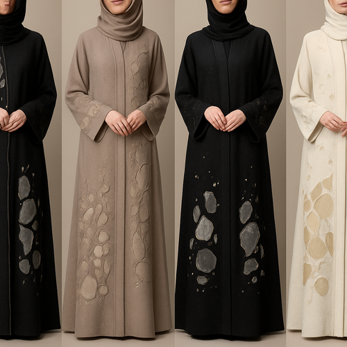 Create a modest elegant abaya dress , the first of its kind, featuring a unique stone design that exudes a classy and sophisticated vibe. I'd like four designs, each showcasing different styles and fabrics. Incorporate high-end, unique chic stone designs to make them truly special. Add little sophisticated stone designs. Make 4 options