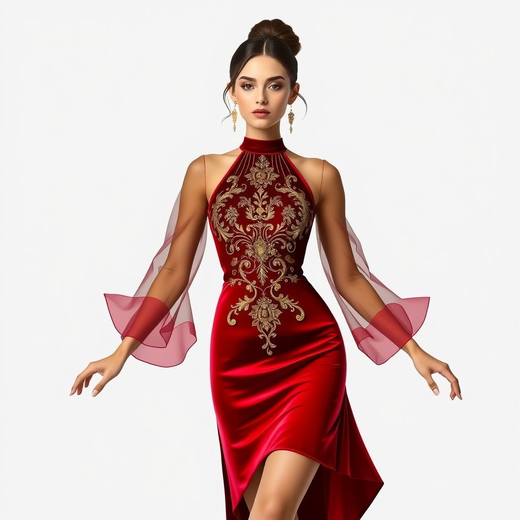 Short dress velvet red
Design a captivating short dress in luxurious velvet red, featuring a high halter neckline and asymmetrical hemline that sways playfully with movement. Adorn the bodice with intricate gold embroidery inspired by baroque motifs, while sheer, flowing sleeves cascade from the shoulders. Perfect for evening soirées, it radiates elegance and allure.