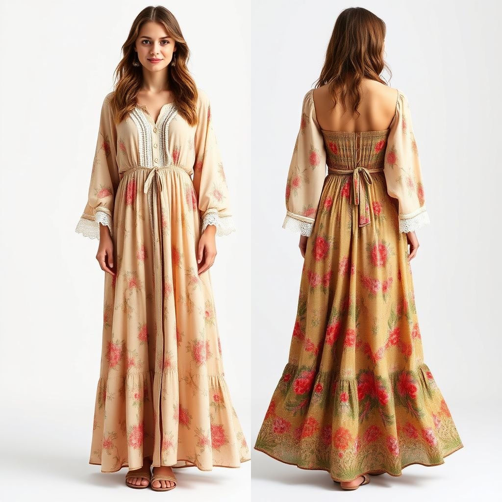 A summer dress with long sleeves ,with buttons in front all the way down in a maxi length. The back top of the dress must be shirred design so the bust area is a bit lose. The must be ties to the back so the waist will look smaller. The bottom of the dress from the waist down must be flowy . Show the front of the dress and the back
Envision a whimsical bohemian summer dress featuring long, billowing sleeves adorned with delicate lace cuffs. This maxi-length masterpiece showcases an enchanting front with a full button placket, while the shirred back drapes effortlessly around the bust for comfort. A flattering tie at the waist cinches the silhouette, leading into a flowy, free-spirited skirt that dances with every breeze. Emphasizing earthy tones and vibrant floral patterns, capture both the front and back for a complete view of this effortless boho-chic design.