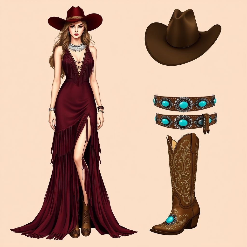 Galamours
Design an enchanting Western-inspired gown that blends glamour with rugged charm. Picture a flowing, deep burgundy suede dress adorned with intricate fringe detailing and silver concho accents. Complete the look with a wide-brimmed hat, cowboy boots featuring delicate embroidery, and a statement belt with bold turquoise stones, capturing the essence of Western elegance.