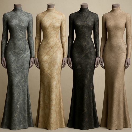 Create a modest sexy elegant long fittted dress , the first of its kind, featuring a unique stone design that exudes a classy and sophisticated vibe. I'd like four designs, each showcasing different styles and fabrics. Incorporate high-end, unique chic stone designs to make them truly special. Add little sophisticated stone designs.