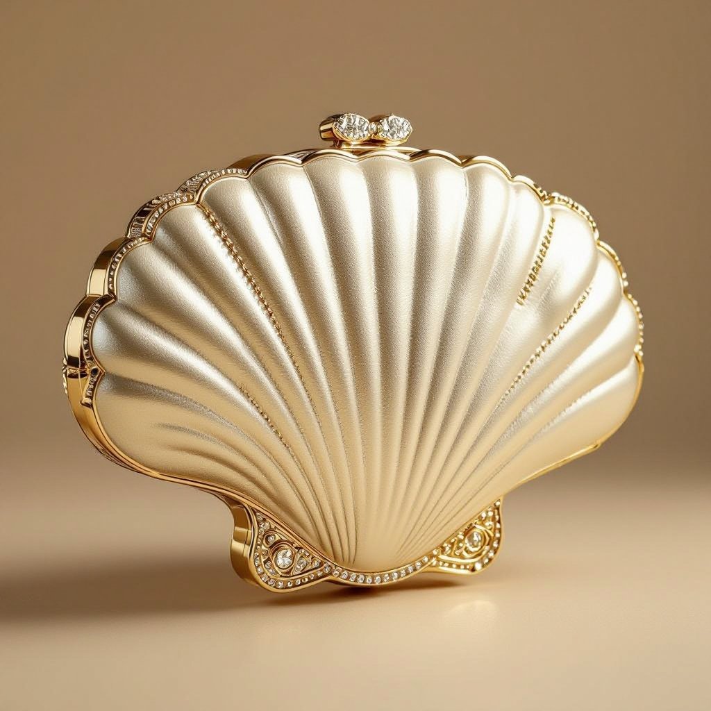 یه کیف دستی لوکس شبیه صدف طراحی کن رنگش هم کرم طلایی باشه
Design a luxurious clutch bag resembling a shell, in a cream gold color.