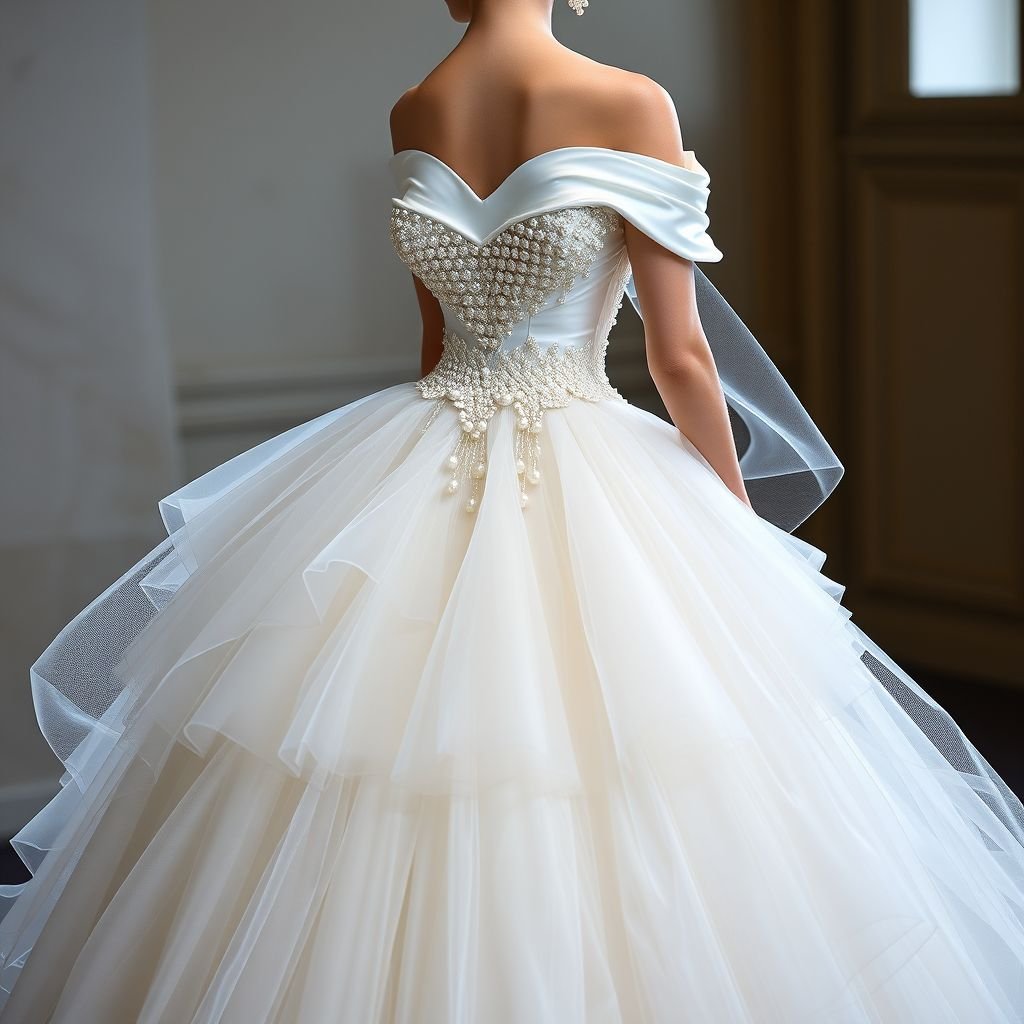 Wedding dress in white with pearls off shoulder in satin and tulle fabric
Envision a luxurious wedding dress crafted from opulent satin and ethereal tulle, featuring a dramatic off-shoulder design adorned with cascading pearls that shimmer like stars. The voluminous skirt flows gracefully, layered with delicate tulle overlays, while intricate pearl embroidery accents the bodice, creating an enchanting blend of elegance and romance.