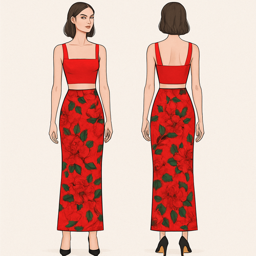 Red crop Top and long skinny skirt with red flowers. Add green leaves 
