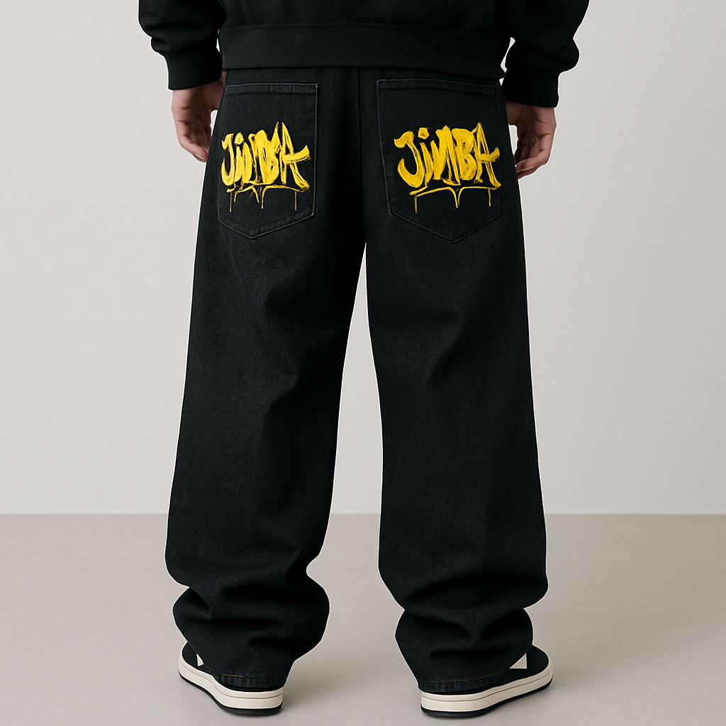 Pantalone baggy largo in denim nero con ricamato sopra su ognuna delle tue tasche “Jimba” in stile writer in giallo
Pantalone baggy largo in denim nero con ricamato sopra su ognuna delle tue tasche “Jimba” in stile writer in giallo
, streetwear style
