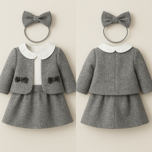 1歳の女の子のベビー服
グレーのツイードのジャケットとスカート部分がグレーのツイードのワンピースのセットアップ
ワンピースの上半身部分は白で丸襟でフリフリ
ジャケットの両ポケットの位置にベロア素材のリボン
頭にはジャケットについてるリボンと同じもののカチューシャ