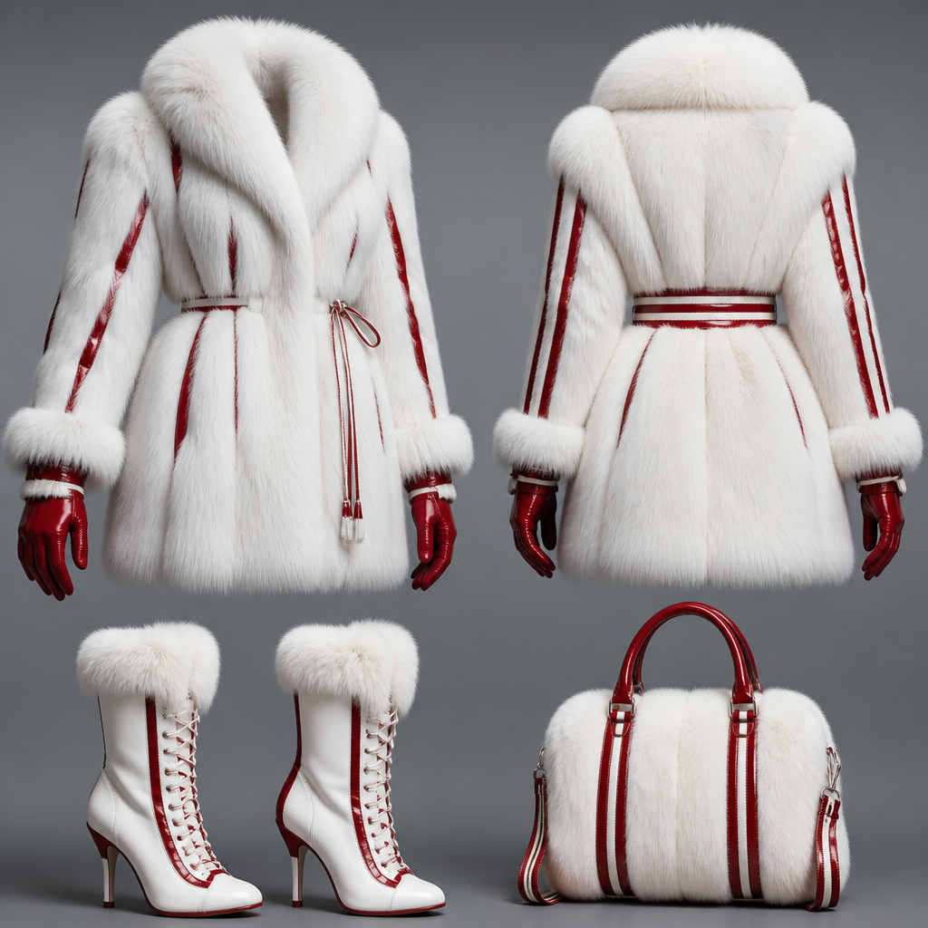 No model just the outfit white fluffy fur coat with red striped and leather gloves to match and leather boot white with red stripes matching bag
photorealistic fashion design, No model just the outfit white fluffy fur coat with red striped and leather gloves to match and leather boot white with red stripes matching bag , winter style, just the design no text, show front and back