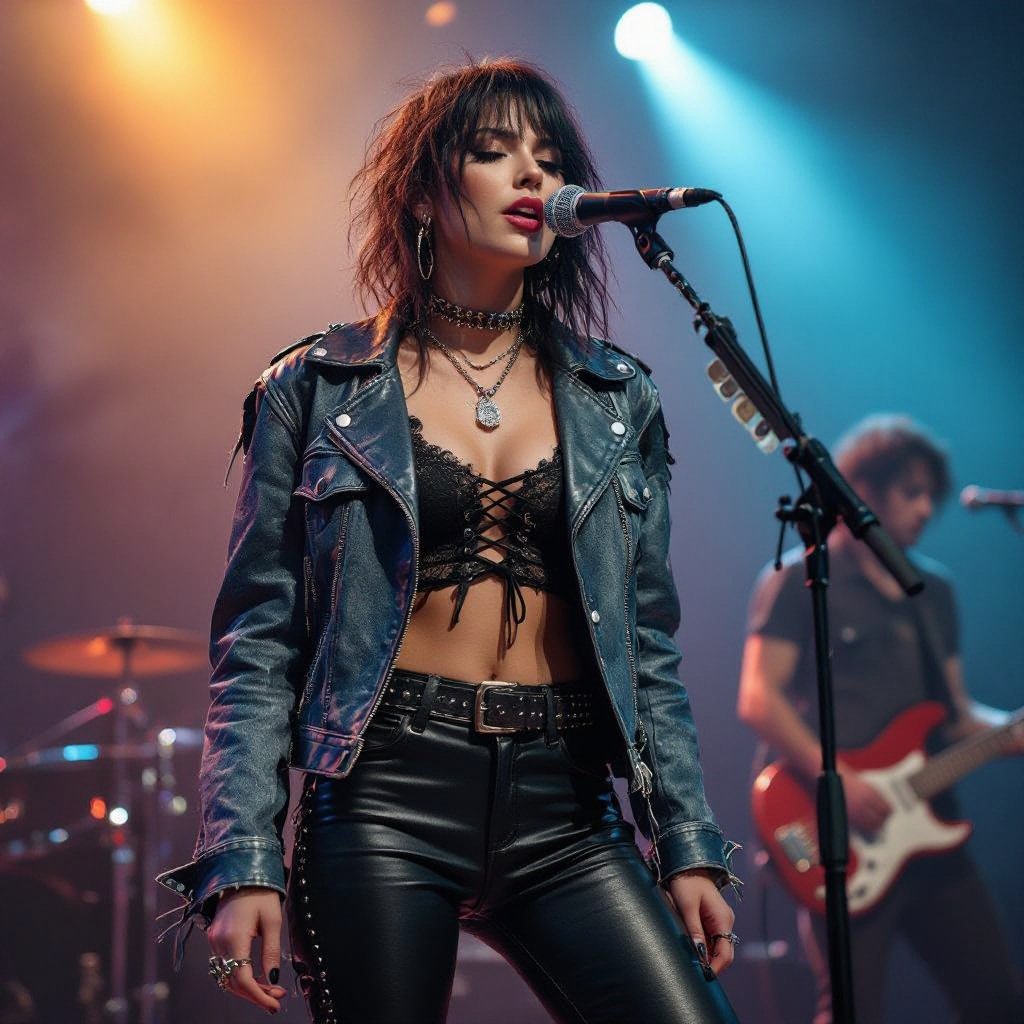 Grunge, street and sexy famous singer on stage performing
Black leather skinny pants, silk lace-up vest, and ripped denim jacket, worn by a grunge street singer on stage.