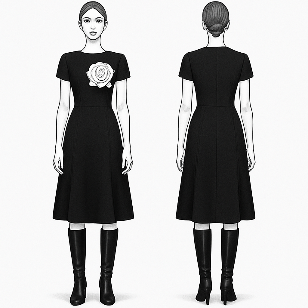 black dress with withe rose and boots
black dress with withe rose and boots , formal style, show front and back