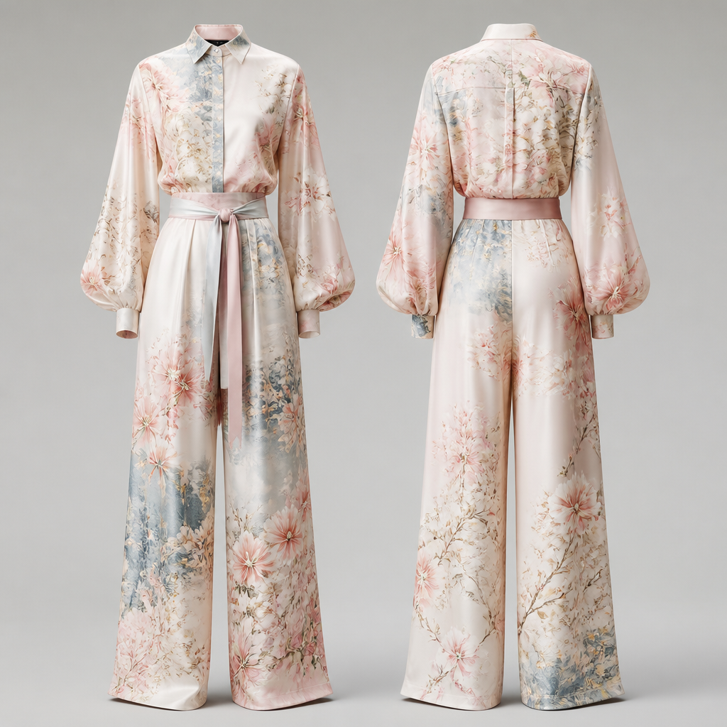 A Female Jumpsuit design, in Japanese Street style. floral, silk, pastel, two peace, modern, elegant. HR fashion aesthetics.
photorealistic fashion design, A Female Jumpsuit design, in Japanese Street style. floral, silk, pastel, two peace, modern, elegant. HR fashion aesthetics., japanese_street style, just the design no text, show front and back