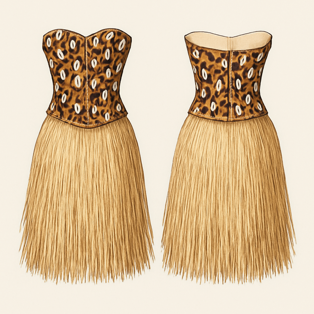 Raphia skirt
Leopard corset with cowries all over it with no strap
Raphia skirt
Leopard corset with cowries all over it with no strap
, show front and back