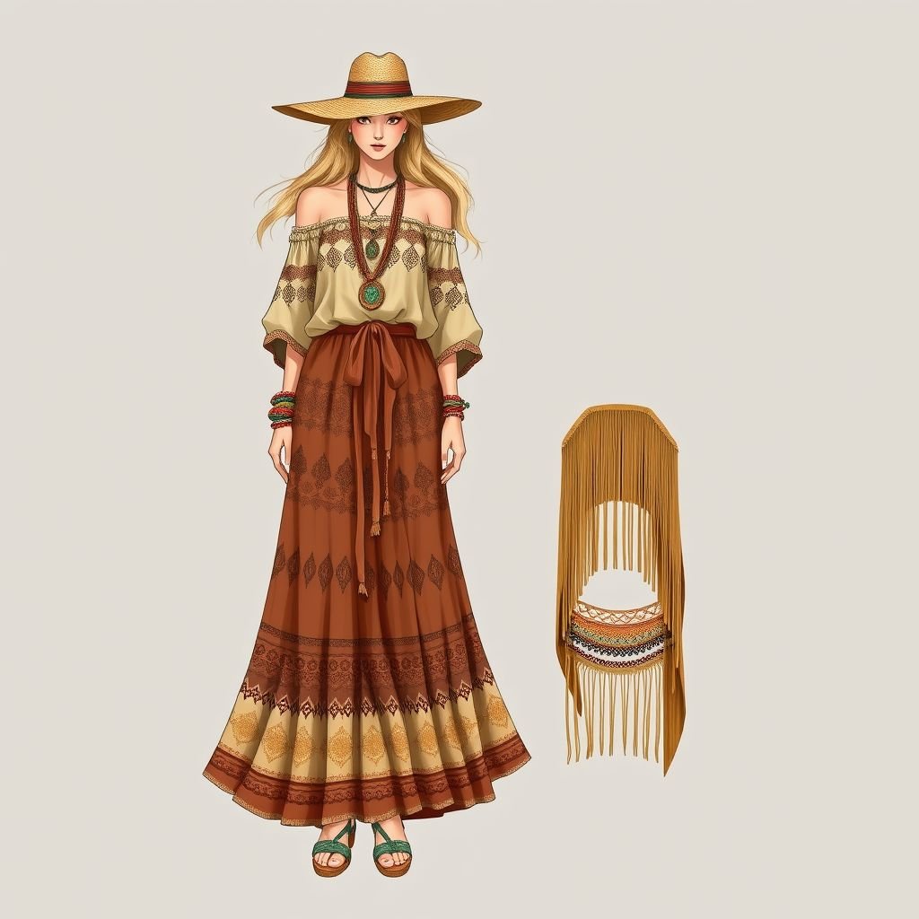 Chic
Design a boho-chic outfit that evokes a free-spirited vibe. Incorporate flowing, layered maxi skirts adorned with intricate patterns, a loose-fitting, off-shoulder blouse in earthy tones, and a long, fringed kimono. Accessorize with oversized, handcrafted jewelry, a wide-brimmed hat, and vibrant, patterned sandals for a perfect bohemian look.