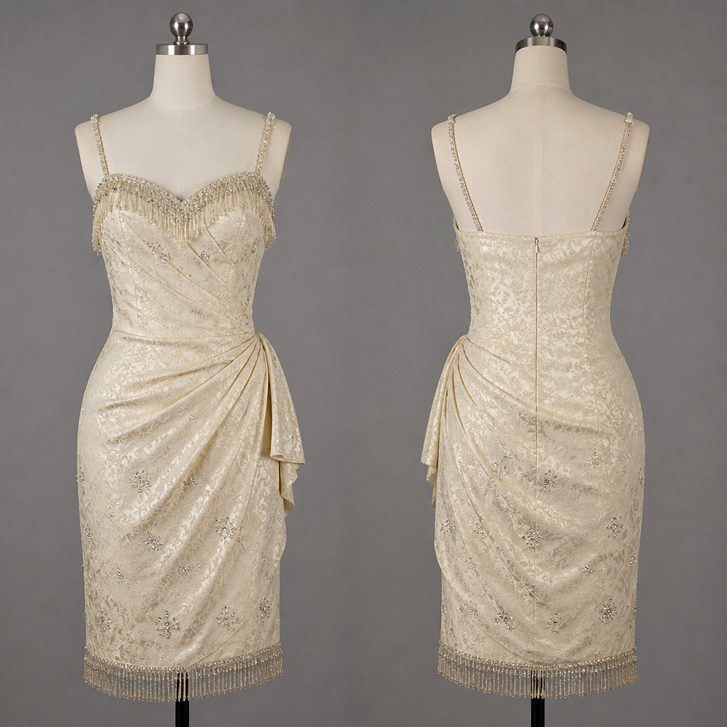 1940s ivory brocade sarong style dress fringe sweetheart neckline with straps and hem scattered rhinestone knee length.
photorealistic fashion design, 1940s ivory brocade sarong style dress fringe sweetheart neckline with straps and hem scattered rhinestone knee length. , just the design no text, show front and back