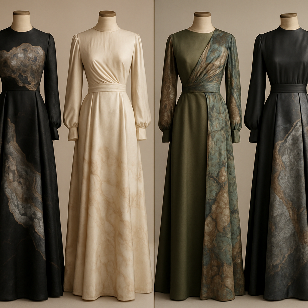 Create a modest luxury dress using silk fabric and others, the first of its kind, featuring a unique stone design that exudes a classy and sophisticated vibe. I'd like four designs, each showcasing different styles and fabrics. Incorporate high-end, unique chic stone designs to make them truly special.
Create a modest luxury dress using silk fabric and others, the first of its kind, featuring a unique stone design that exudes a classy and sophisticated vibe. I'd like four designs, each showcasing different styles and fabrics. Incorporate high-end, unique chic stone designs to make them truly special.