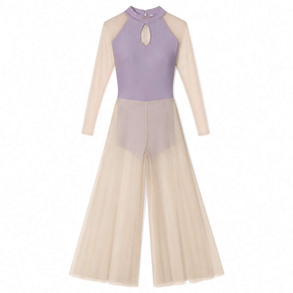 Women's aerial gymnastics bodysuit, sleeveless fitted top with high neck and small front keyhole cutout, color muted dusty lilac. Long tight sleeves made entirely of beige nude sheer stretch mesh fabric, translucent, visible skin undertone. Wide flowing palazzo pants from double-layered soft beige tulle mesh, semi-transparent with gentle volume, high waist seamless transition from top. Clean front view, standing fashion pose, plain white studio background, soft natural lighting, detailed fabric texture with fine netting structure, fashion design illustration, sharp focus on mesh layers.
photorealistic fashion design, Women's aerial gymnastics bodysuit, sleeveless fitted top with high neck and small front keyhole cutout, color muted dusty lilac. Long tight sleeves made entirely of beige nude sheer stretch mesh fabric, translucent, visible skin undertone. Wide flowing palazzo pants from double-layered soft beige tulle mesh, semi-transparent with gentle volume, high waist seamless transition from top. Clean front view, standing fashion pose, plain white studio background, soft natural lighting, detailed fabric texture with fine netting structure, fashion design illustration, sharp focus on mesh layers., just the design no text