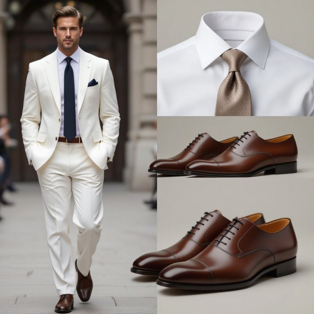 White business suit
Formal fashion: White business suit, tailored fit, crisp cotton shirt, silk tie, polished leather shoes.