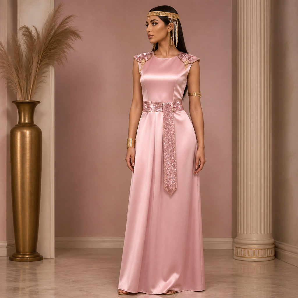 A Female Dress design, in Baroque style. “Diseña un vestido inspirado en una reina egipcia, sencillo y elegante. Usa principalmente esta tela de raso rosa liso como tela principal y la tela rosa con brillitos solamente para los detalles. Quiero un diseño fácil de confeccionar, largo hasta los pies, con un corte sencillo y elegante. Añade una banda o cinturón de la tela con brillitos y un pequeño detalle egipcio en los hombros. No quiero demasiados adornos ni un vestido complicado. Quiero que se vea como un disfraz de reina egipcia, pero moderno y sencillo.”. PA fashion aesthetics. Present it as professional fashion catalogue photography: the garment is the subject, shown full-length with editorial styling, neutral posing and tasteful, non-suggestive framing.
photorealistic fashion design, A Female Dress design, in Baroque style. “Diseña un vestido inspirado en una reina egipcia, sencillo y elegante. Usa principalmente esta tela de raso rosa liso como tela principal y la tela rosa con brillitos solamente para los detalles. Quiero un diseño fácil de confeccionar, largo hasta los pies, con un corte sencillo y elegante. Añade una banda o cinturón de la tela con brillitos y un pequeño detalle egipcio en los hombros. No quiero demasiados adornos ni un vestido complicado. Quiero que se vea como un disfraz de reina egipcia, pero moderno y sencillo.”. PA fashion aesthetics. Present it as professional fashion catalogue photography: the garment is the subject, shown full-length with editorial styling, neutral posing and tasteful, non-suggestive framing., baroque style, just the design no text