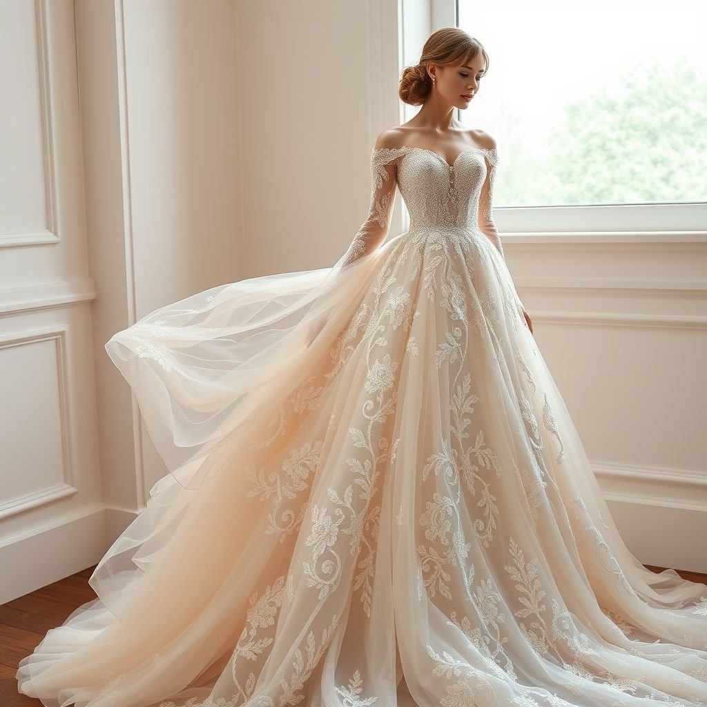 Wedding dress perfect stunning
Craft a breathtaking wedding dress that features a cascading train adorned with intricate lace embroidery and delicate beadwork. The gown blends vintage elegance with modern chic, showcasing off-shoulder long sleeves and a sweetheart neckline. Soft, flowing tulle layers create ethereal movement, while a subtle blush hue adds a unique, romantic touch.