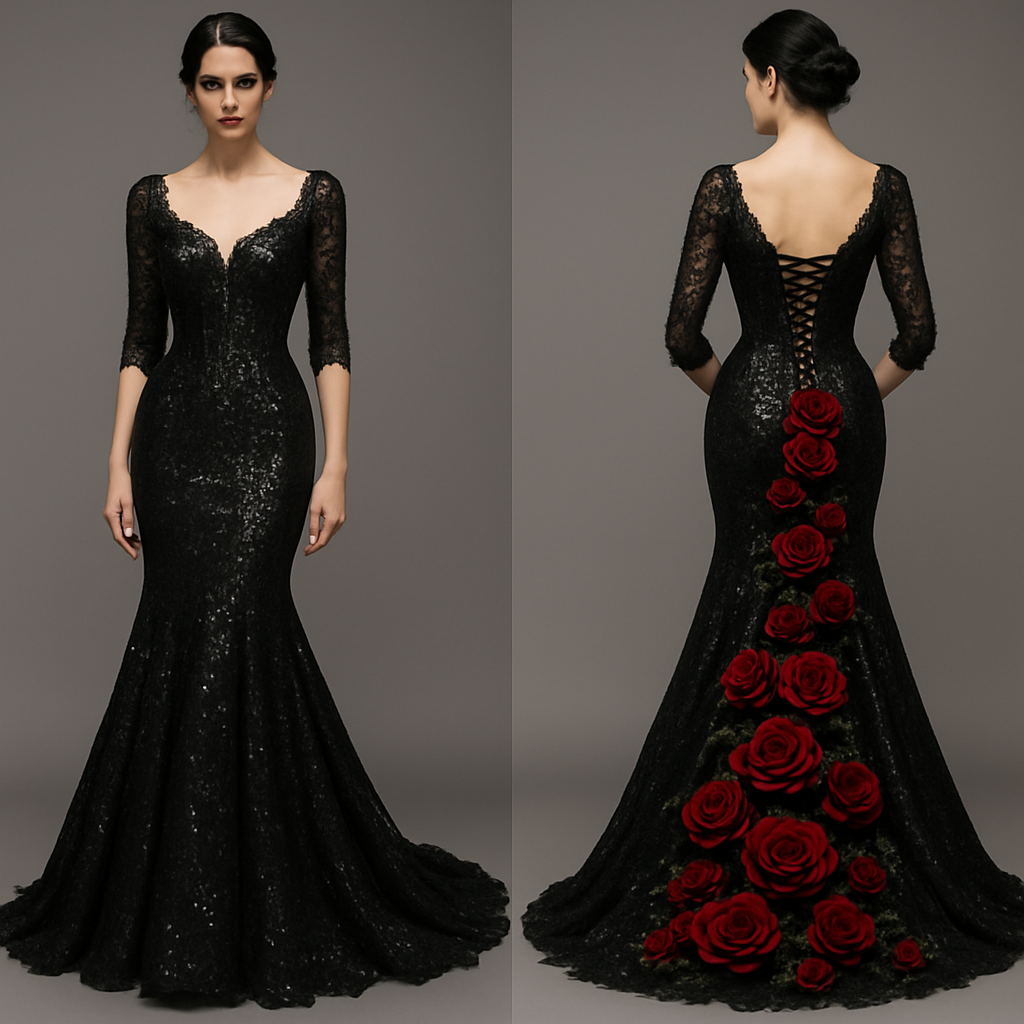 Mermaid wedding dress. Black lace with red roses cascading down the back. Long lace up corset back. Corset boning in the front of the top. 1/3 sleeves, sequins all over the dress.
Mermaid wedding dress. Black lace with red roses cascading down the back. Long lace up corset back. Corset boning in the front of the top. 1/3 sleeves, sequins all over the dress. , edgy style, show front and back