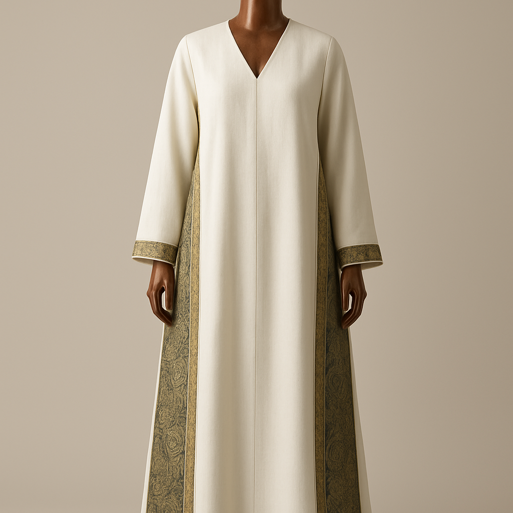 
(photorealistic)
"Photorealistic full-length fashion photograph of an ankle-length ivory white abaya v cut from front displayed on a luxurious polished wooden mannequin. The abaya features long side slits from underarm to ankle with an external Kashmiri patterned panel attached to the outer edge of each slit; the Kashmiri panel is jacquard/textured paisley in complementary-olive green with little gold touches tones. A narrow Najdi geometric embroidery (2–2.5 cm wide) in matte antique-gold thread runs along the outer edge of each panel, with small repeating motifs spaced every 15–20 cm — embroidery visible down to the ankle. Silhouette: straight A-line, soft drape, lightweight wool-blend, lightly lined. Styling: clean neutral studio background, soft directional warm light, full-length view showing panels to the ankle, high-detail texture and fabric realism. Camera: 35mm perspective, shallow depth of field (f/4), high-resolution output (4k)."



(photorealistic)
"Photorealistic full-length fashion photograph of an ankle-length ivory white abaya v cut from front displayed on a luxurious polished wooden mannequin. The abaya features long side slits from underarm to ankle with an external Kashmiri patterned panel attached to the outer edge of each slit; the Kashmiri panel is jacquard/textured paisley in complementary-olive green with little gold touches tones. A narrow Najdi geometric embroidery (2–2.5 cm wide) in matte antique-gold thread runs along the outer edge of each panel, with small repeating motifs spaced every 15–20 cm — embroidery visible down to the ankle. Silhouette: straight A-line, soft drape, lightweight wool-blend, lightly lined. Styling: clean neutral studio background, soft directional warm light, full-length view showing panels to the ankle, high-detail texture and fabric realism. Camera: 35mm perspective, shallow depth of field (f/4), high-resolution output (4k)."
, show front and back
