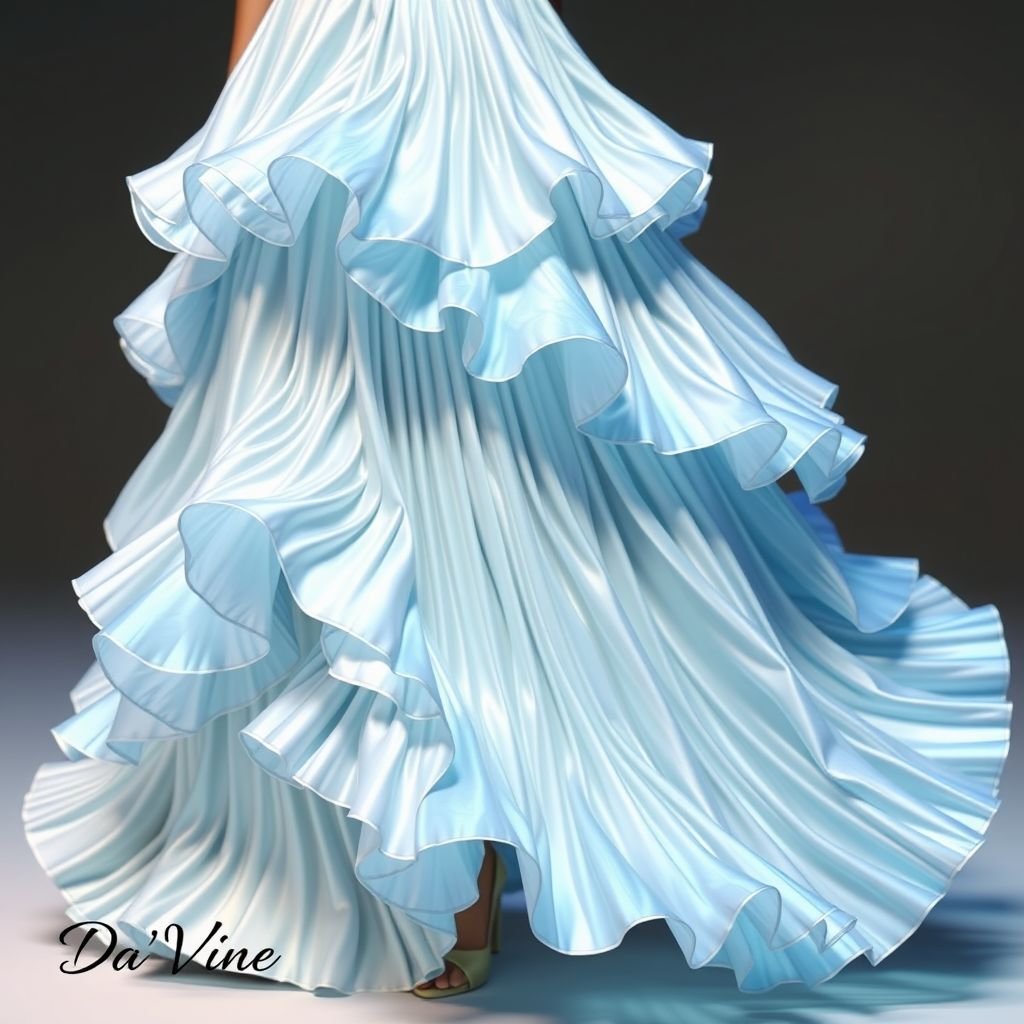 Can you create me a ruffled dress, especially at the bottom. With the colors, white, blue, and turquoise. With Iridescent Mermaid Scale Gradient Organza Fabric With Pleats And Ruffles For Decoration. Put Da’Vine in the bottom left corner of screen.
Design an enchanting elegant ruffled dress, cascading gracefully with layers of pleated fabric in a stunning iridescent mermaid scale gradient of white, blue, and turquoise. The bottom shall billow with delicate ruffles, creating an ethereal silhouette. Feature “Da’Vine” artistically positioned in the bottom left corner, enhancing the dress's sophisticated allure.