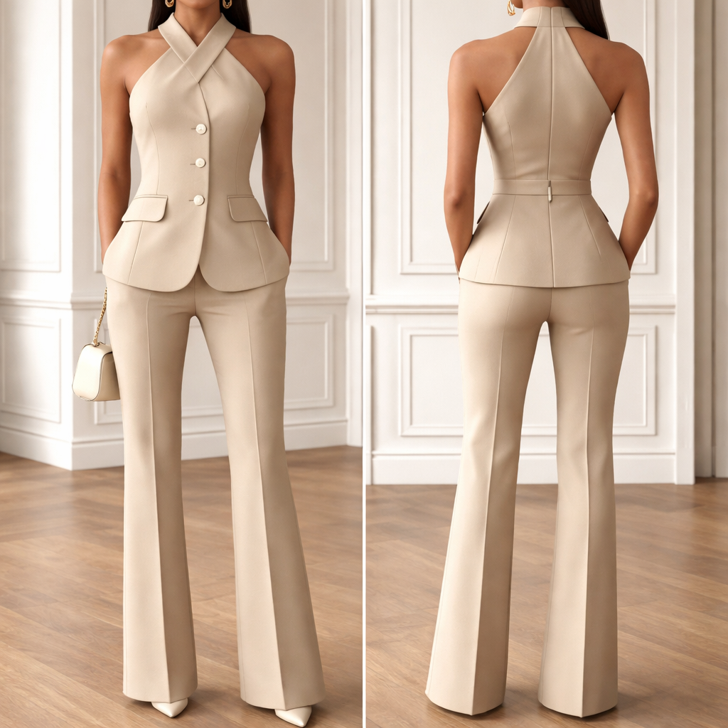 Two piece suit set. Only 3 buttons straight down in the middle on the top on a breasted halter crossed neck top. Thick material. No skin showing at gap of top!!!!!!!Full coverage.All beige, symmetrical pockets only on sides/top piece, no drooping pockets. No back pockets. Extenuate small waist and curvaceous hips. No crop top. Show top to bottom.
Two piece suit set. Only 3 buttons straight down in the middle on the top on a breasted halter crossed neck top. Thick material. No skin showing at gap of top!!!!!!!Full coverage.All beige, symmetrical pockets only on sides/top piece, no drooping pockets. No back pockets. Extenuate small waist and curvaceous hips. No crop top. Show top to bottom. , business style, show front and back