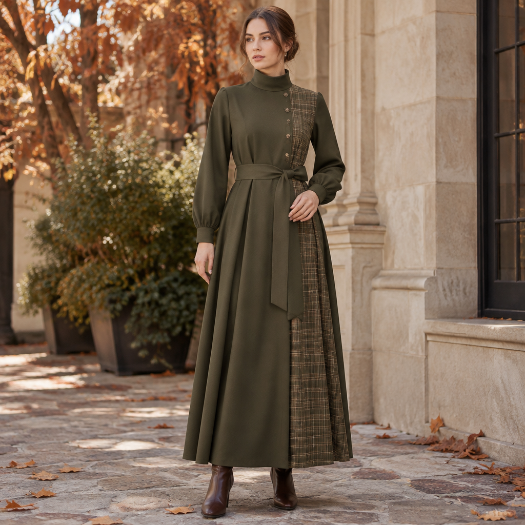 A Female Dress design, with modest, full coverage: longer hemlines, higher necklines and covered shoulders, suitable for Fall. JO fashion aesthetics. Current season is Autumn in JO. Present it as professional fashion catalogue photography: the garment is the subject, shown full-length with editorial styling, neutral posing and tasteful, non-suggestive framing.
photorealistic fashion design, A Female Dress design, with modest, full coverage: longer hemlines, higher necklines and covered shoulders, suitable for Fall. JO fashion aesthetics. Current season is Autumn in JO. Present it as professional fashion catalogue photography: the garment is the subject, shown full-length with editorial styling, neutral posing and tasteful, non-suggestive framing., just the design no text