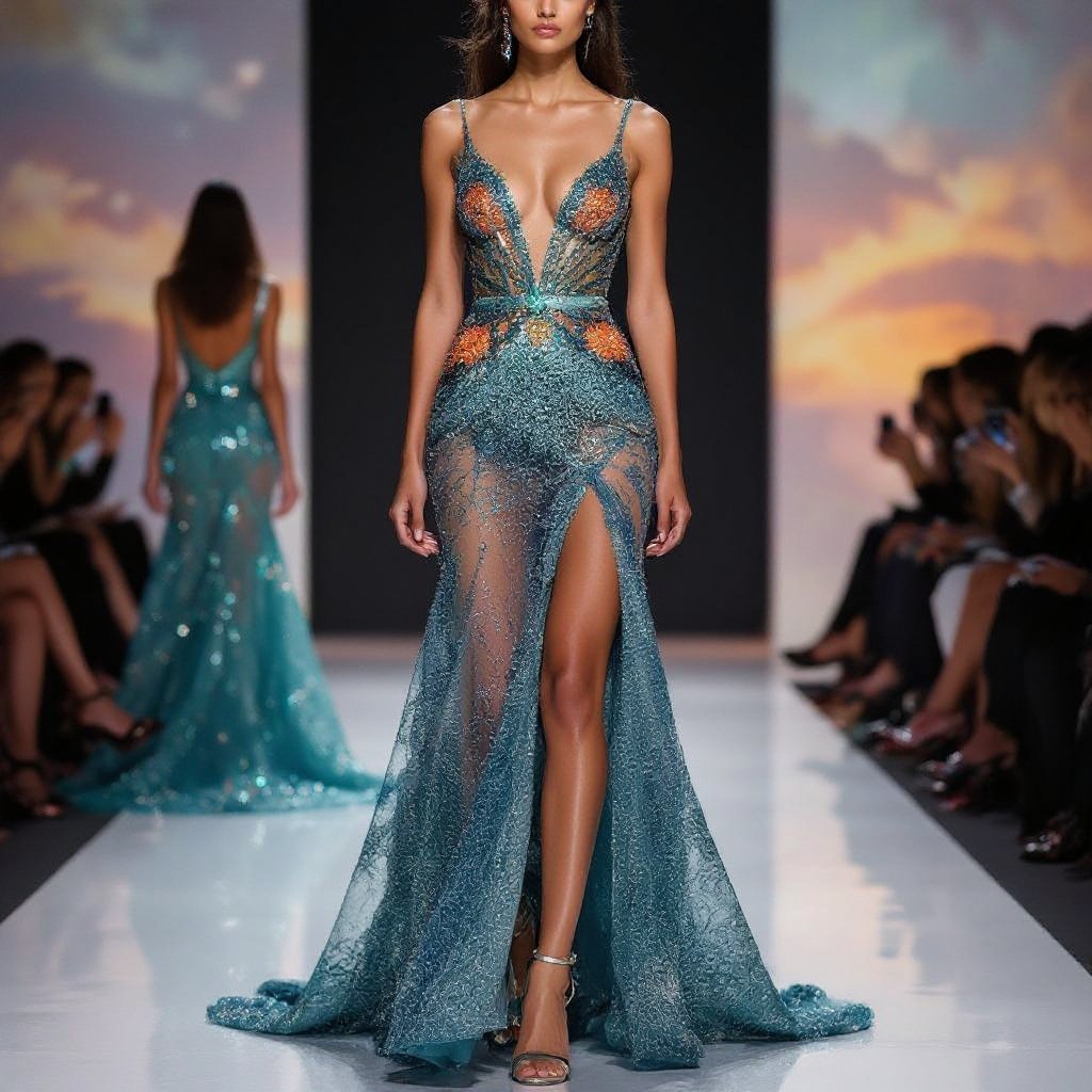 A couture evening gown designed on a foundation of skin-toned sheer mesh, creating the illusion of bare skin beneath. The gown is highly intricate, with masterful embroidery and embellishments. Crystals in radiant teal and fiery orange cascade across the body, symbolizing the merging of sunset and sky. The embellishments glimmer like constellations, strategically placed to accentuate curves and create a sensual, yet elegant silhouette. The design is bold, daring, and unapologetically sexy, with couture-level craftsmanship. The gown hugs the figure like liquid light, with dramatic detailing and a balance of allure and sophistication—perfect for a high-fashion runway or red carpet
A couture evening gown crafted from skin-toned sheer mesh, embellished with teal and orange crystals. The fitted, floor-length silhouette, featuring a high slit, accentuates curves. Intricate embroidery and beadwork create a constellation effect, merging sunset and sky. This bold, elegant gown, with its illusion of bare skin, is perfect for high-fashion events.