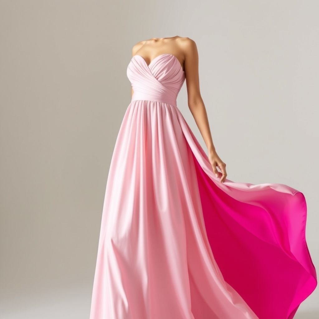 Two tone silk maxi dress. Top half light pink, bottom half hot pink. With a bias cut
Imagine a flowy two-tone silk maxi dress that blends romance with a bold edge. The delicate light pink bodice features intricate pleats and a soft sweetheart neckline, while the hot pink bottom cascades in a graceful bias cut, creating movement. This dress is perfect for a sophisticated gala or summer soirée.