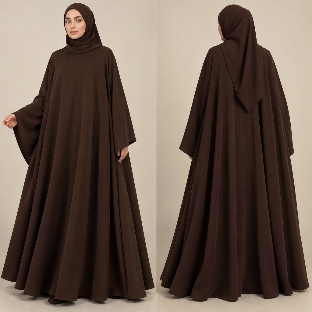 أريد العبائة تصميم دوبل كلوش يعطيها اتساعاً وانسيابية جميلة، مع قماش شتوي راقٍ وثقيل قليلاً. بدون أي فتحة أمامية أو تفاصيل ملفتة، والتصميم يكون محتشماً وأنيقاً وعملياً.
اللون: بني شوكولا داكن دافئ، مع تفاصيل بسيطة جداً وأنيقة بنفس اللون.
أريد أن تظهر العباءة كاملة على عارضة واقفة، من الرأس إلى القدمين، مع الحفاظ على شكل العباءة واتساعها بشكل واضح.. Design with modest coverage. Present it as professional fashion catalogue photography: the garment is the subject, shown full-length with editorial styling, neutral posing and tasteful, non-suggestive framing.
photorealistic fashion design, أريد العبائة تصميم دوبل كلوش يعطيها اتساعاً وانسيابية جميلة، مع قماش شتوي راقٍ وثقيل قليلاً. بدون أي فتحة أمامية أو تفاصيل ملفتة، والتصميم يكون محتشماً وأنيقاً وعملياً.
اللون: بني شوكولا داكن دافئ، مع تفاصيل بسيطة جداً وأنيقة بنفس اللون.
أريد أن تظهر العباءة كاملة على عارضة واقفة، من الرأس إلى القدمين، مع الحفاظ على شكل العباءة واتساعها بشكل واضح.. Design with modest coverage. Present it as professional fashion catalogue photography: the garment is the subject, shown full-length with editorial styling, neutral posing and tasteful, non-suggestive framing., just the design no text