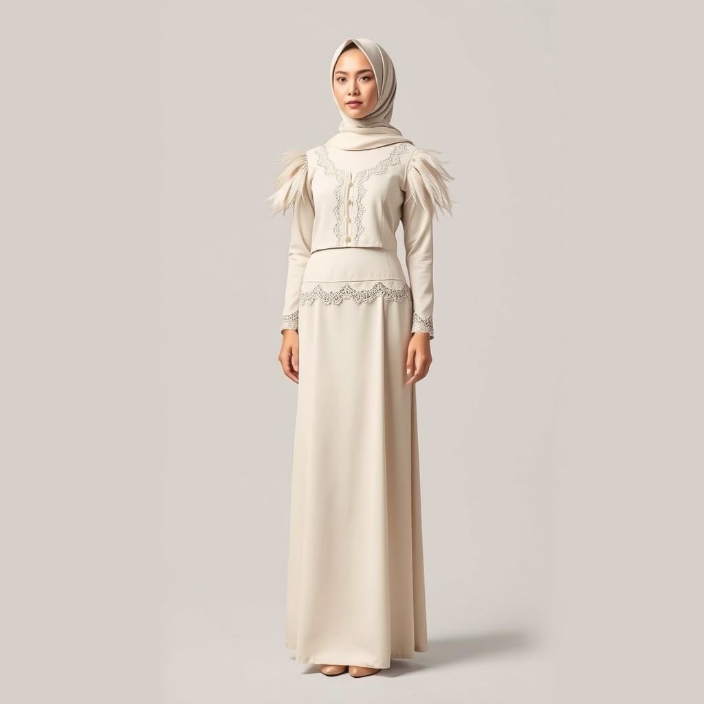 2 pieces; long straight skirt with a bubu knee length Top designed with feather on the sleeve and lace trimmings on the full length at the front for a Muslim hijabi suitable for Eid
Create a minimalist Eid outfit featuring a two-piece ensemble: a streamlined, long straight skirt paired with a knee-length bubu top. Emphasize clean lines and soft, neutral tones. The top features delicate feather accents on the sleeves and subtle lace trimming along the front, merging elegance with modesty for a sophisticated look.