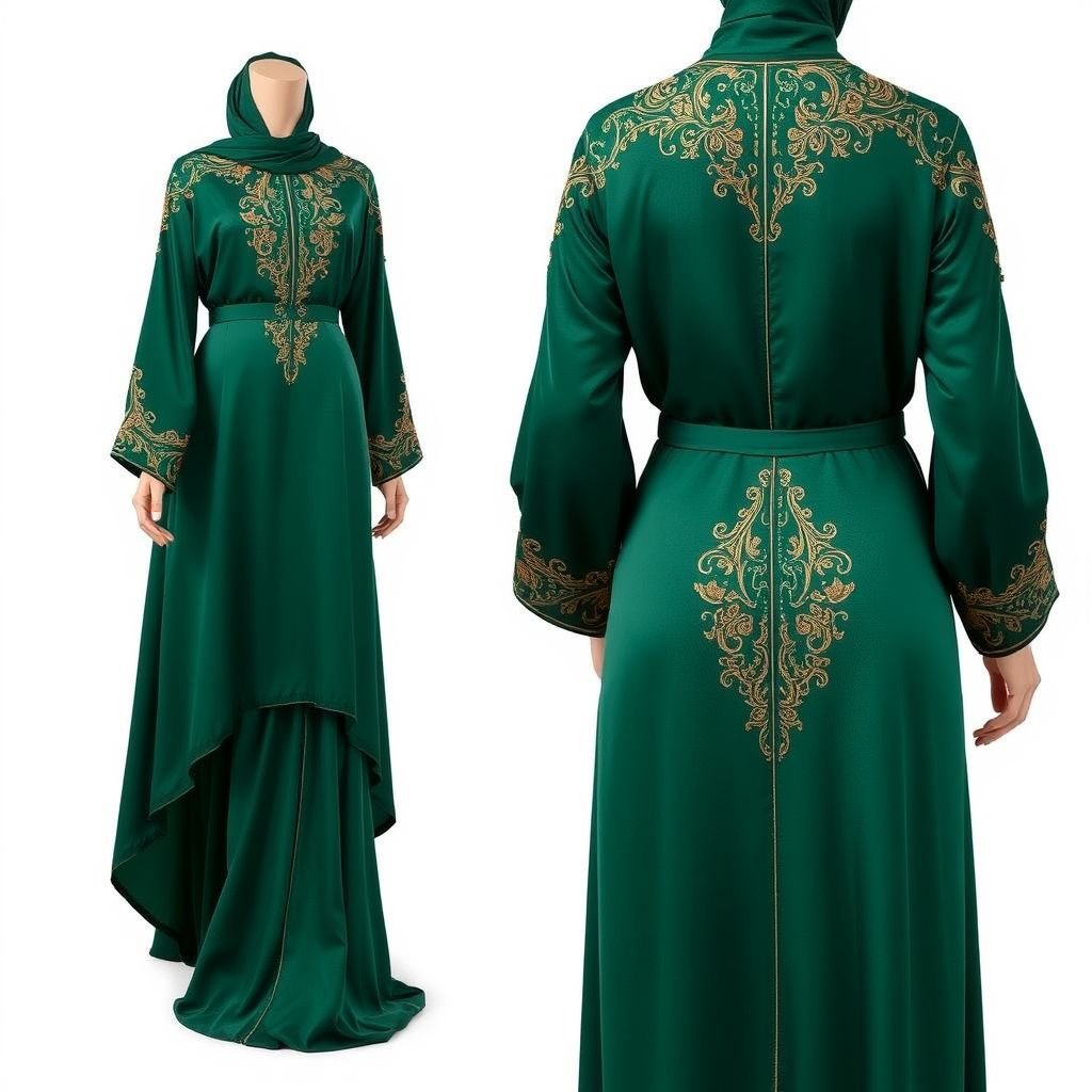 Abaya long behind and short infront and silk
Design a luxurious abaya featuring a high-low silhouette, where the back cascades elegantly to the floor while the front artfully grazes the knees. Crafted from shimmering silk in deep emerald green, it boasts intricate gold embroidery along the neckline and sleeves, lending an air of regal sophistication and contemporary flair.