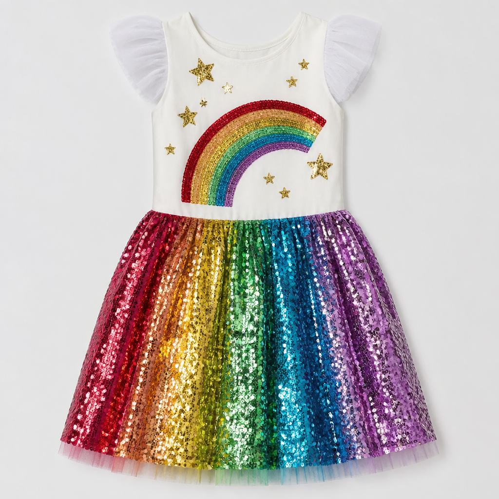 A Dress design. kid dress as the referenced photo with a sequin rainbow and stars on the top and sequin in the bottom
photorealistic fashion design, A Dress design. kid dress as the referenced photo with a sequin rainbow and stars on the top and sequin in the bottom, just the design no text