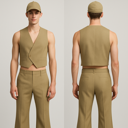 Short Cross tan khaki vest and flared tan khaki bottoms with a khaki cap with a mix of more sporty and a little business look on man with no undershirt 