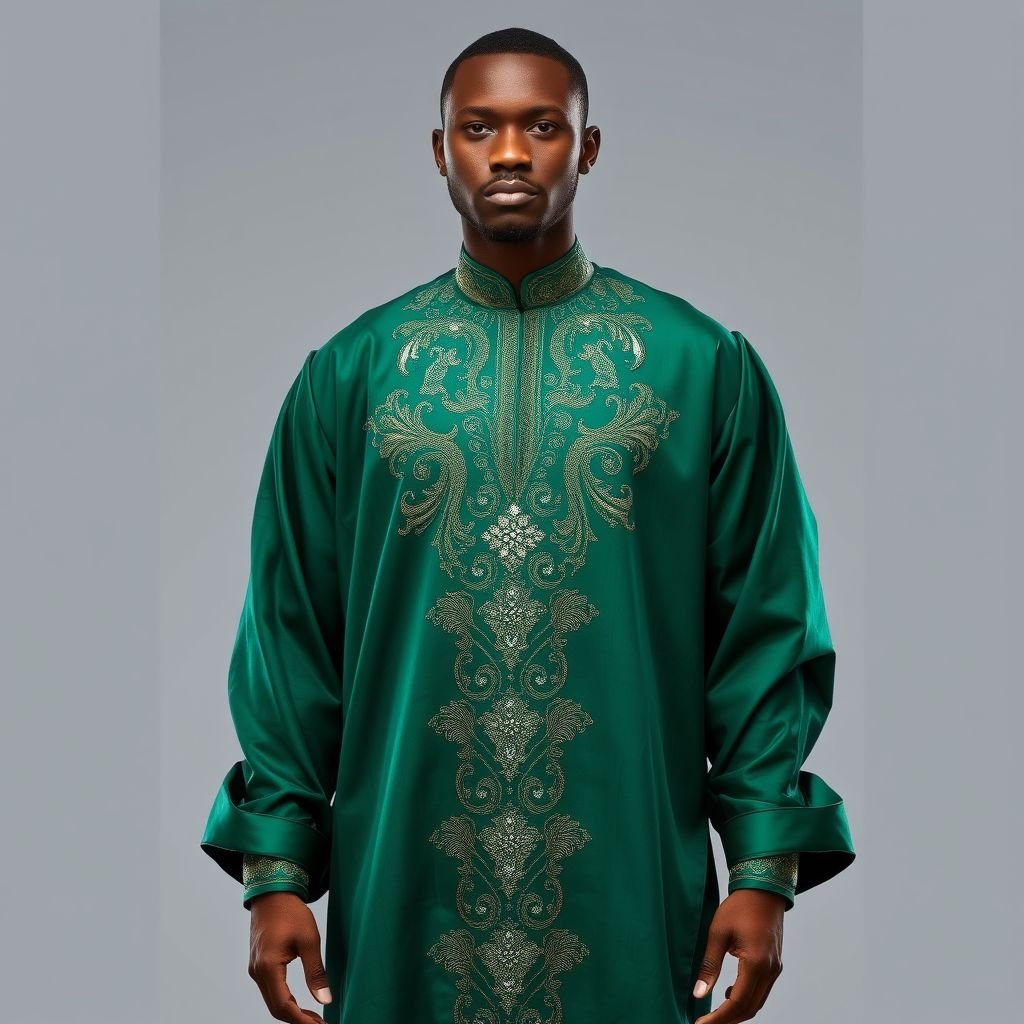 Create a sophisticated Nigerian kaftan style for men with interesting and different embroidery work. Create it in emerald green and add stones to the embroidered section
Imagine a luxurious Nigerian kaftan for men, crafted from rich emerald green fabric. This sophisticated design features intricate, shimmering embroidery depicting traditional motifs, embellished with sparkling stones that catch the light. The silhouette is tailored yet flowing, exuding elegance, while deep, layered sleeves and a high collar offer a modern twist to classic heritage.