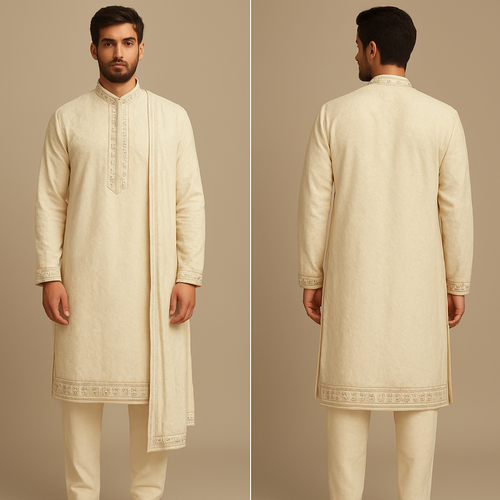 Ivory colour embroidered 3 piece kurta set for men with mirror worker border