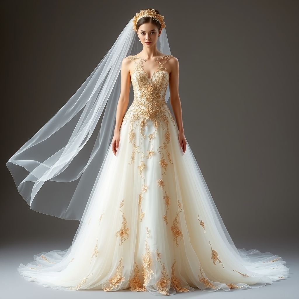 Create a beaded wedding reception gown for a bride. The top bodice is gold, the bottom skirt and tail is white. There is a head veil
Design an ethereal wedding reception gown featuring a fitted, gold beaded bodice with intricate floral patterns cascading down to a flowing, white tulle skirt that gently flares into a dramatic train. Finished with a delicate, sheer head veil adorned with matching golden beadwork, this gown embodies elegance and timeless romance.