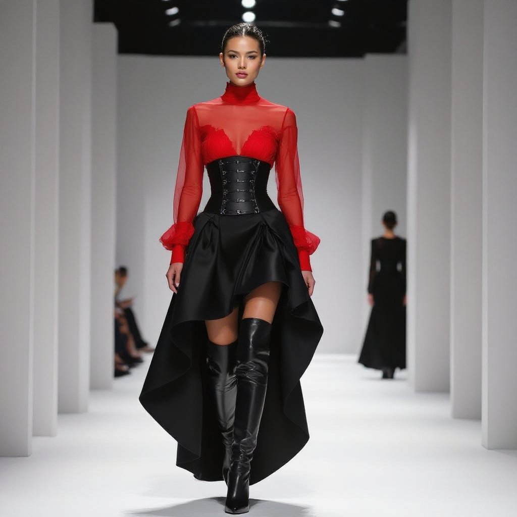 A red sheer long sleeved structured top, black bust corset, black slik skirt that is long in the back and mini in front and overtheknee boots with stiletto heels
A red sheer long-sleeved structured top, black bust corset, black silk high-low skirt, and pointed-toe over-the-knee stiletto boots.