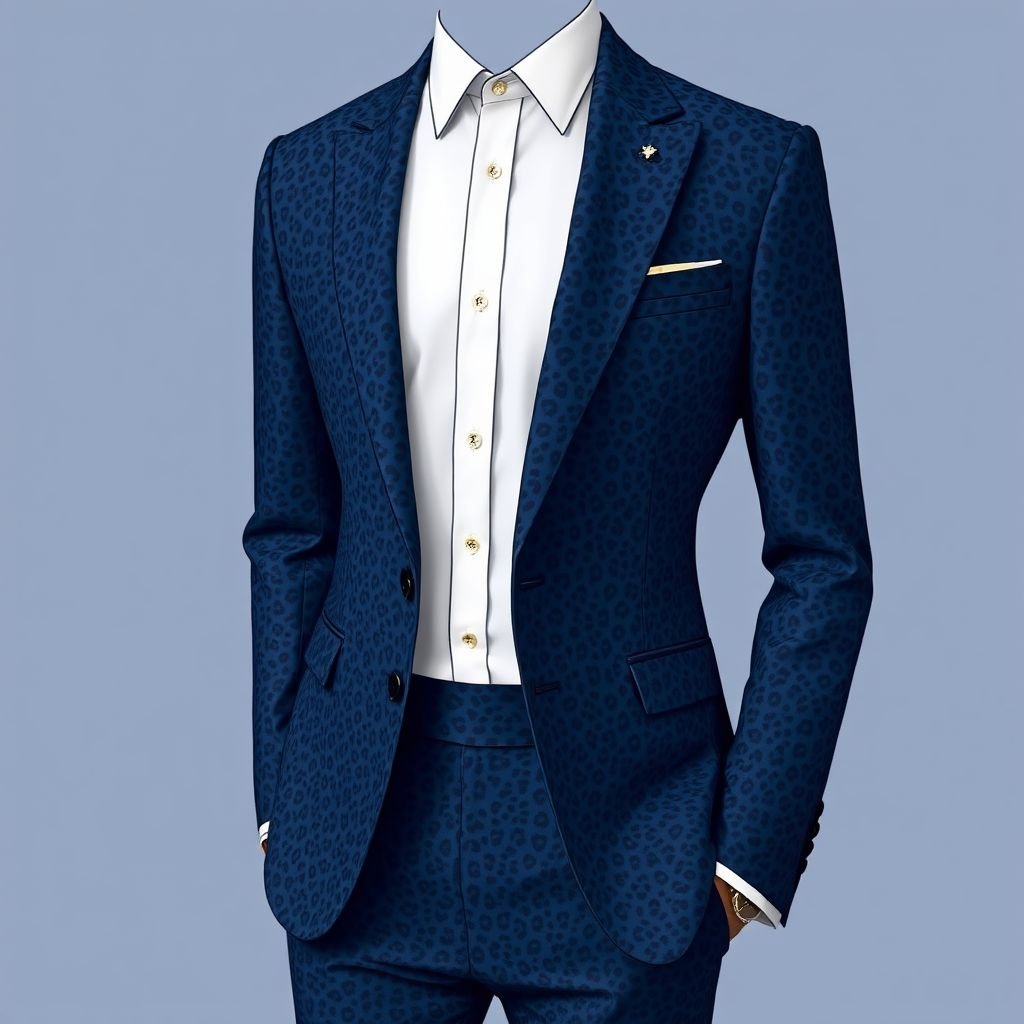 Men’s unique suit, blue. The suit should have mini leopard print on it. “DV on sleeve in small print. The whole suit should be leopard printed
Design an exquisite men's suit in a refined shade of deep blue, adorned with a subtle, mini leopard print that whispers sophistication. The tailored silhouette showcases a structured jacket with sharp lapels and elegant trousers, while a discreet “DV” is embroidered on the sleeve in a luxurious, understated gold thread, combining wild flair with polished elegance.
