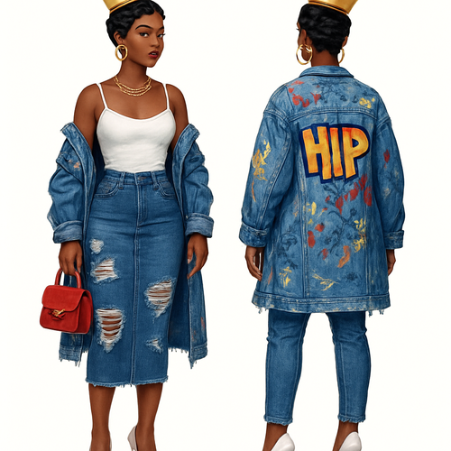 Black woman
Finger waves 
Tilted Gold crown 
spaghetti strap shirt white 
Tight long blue jean skirt ripped 
Long ripped blue jean jacket with graffiti on it white heels
Red purse 
Gold jewelry 

