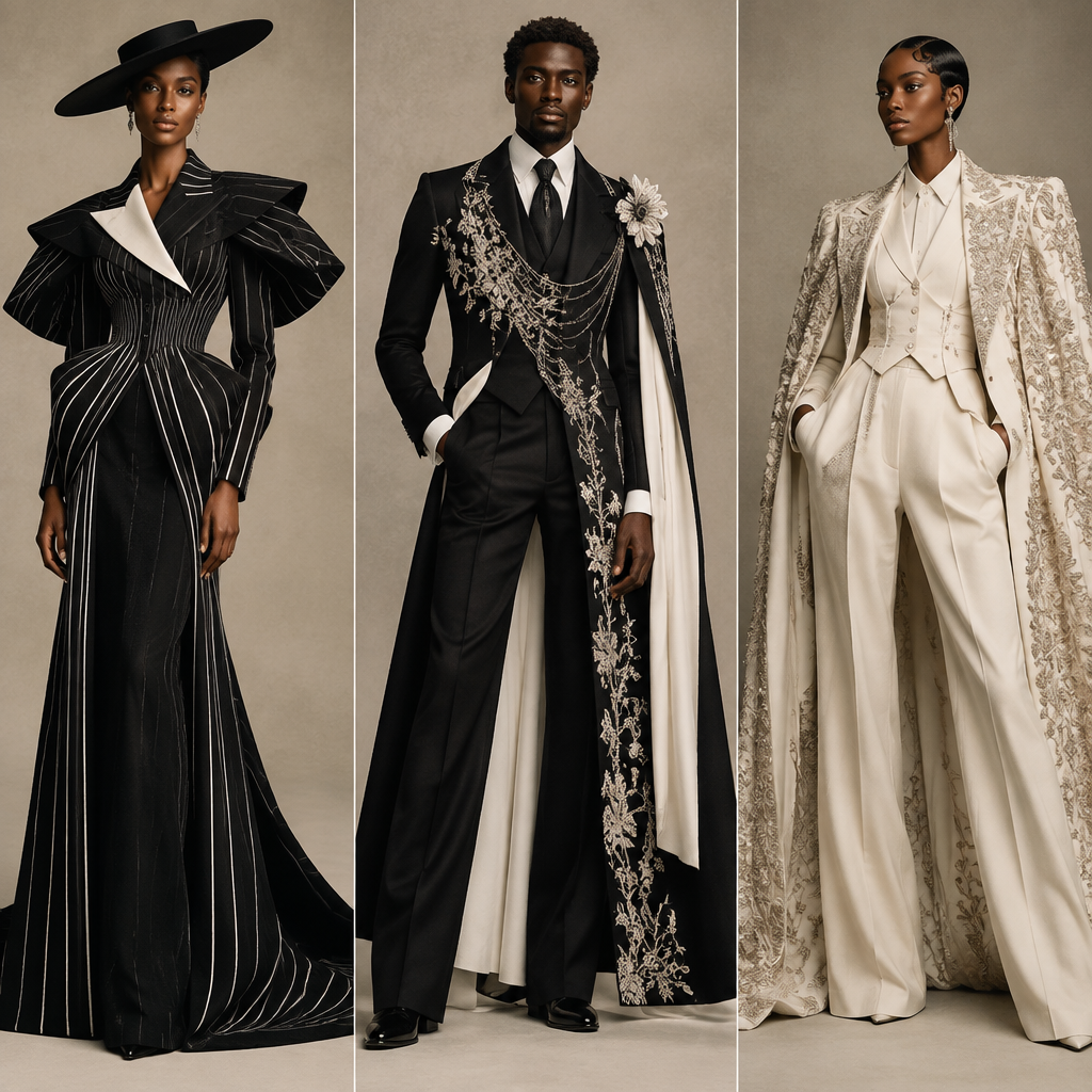 quiero que me oufits de met gala con temática Superfine: Tailoring Black Style". PY fashion aesthetics. Present it as professional fashion catalogue photography: the garment is the subject, shown full-length with editorial styling, neutral posing and tasteful, non-suggestive framing.
photorealistic fashion design, quiero que me oufits de met gala con temática Superfine: Tailoring Black Style". PY fashion aesthetics. Present it as professional fashion catalogue photography: the garment is the subject, shown full-length with editorial styling, neutral posing and tasteful, non-suggestive framing., just the design no text