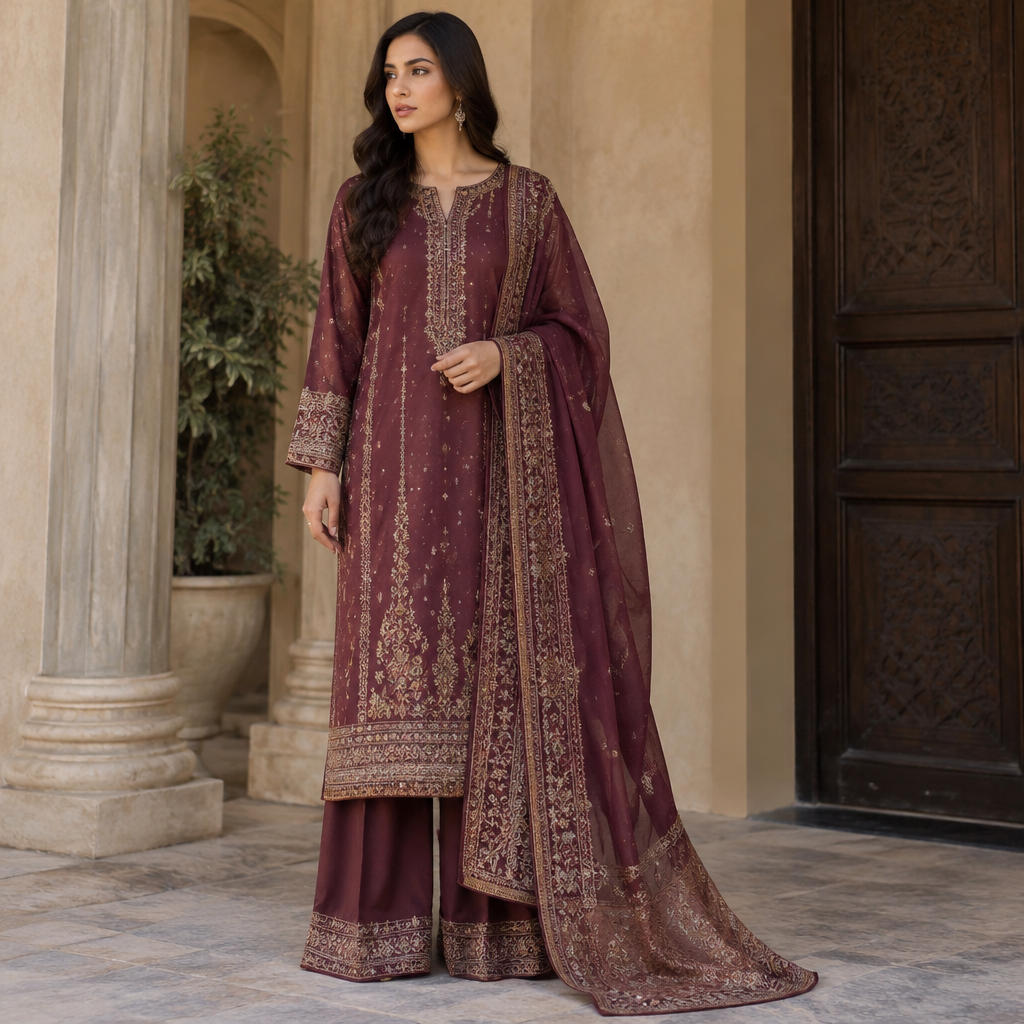 A Female Dress design, suitable for Fall. Consider Pakistani fashion — shalwar kameez, gharara, sharara; lawn fabrics, chiffon; intricate embroidery and mirror work. Current season is Autumn in Pakistan. Present it as professional fashion catalogue photography: the garment is the subject, shown full-length with editorial styling, neutral posing and tasteful, non-suggestive framing.
photorealistic fashion design, A Female Dress design, suitable for Fall. Consider Pakistani fashion — shalwar kameez, gharara, sharara; lawn fabrics, chiffon; intricate embroidery and mirror work. Current season is Autumn in Pakistan. Present it as professional fashion catalogue photography: the garment is the subject, shown full-length with editorial styling, neutral posing and tasteful, non-suggestive framing., just the design no text